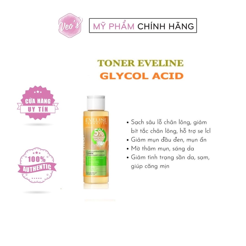 Nước hoa hồng Eveline 5% Glycolic Acid - Glycol Therapy 110ml giúp da căng bóng,mịn màng, mờ thâm mụn