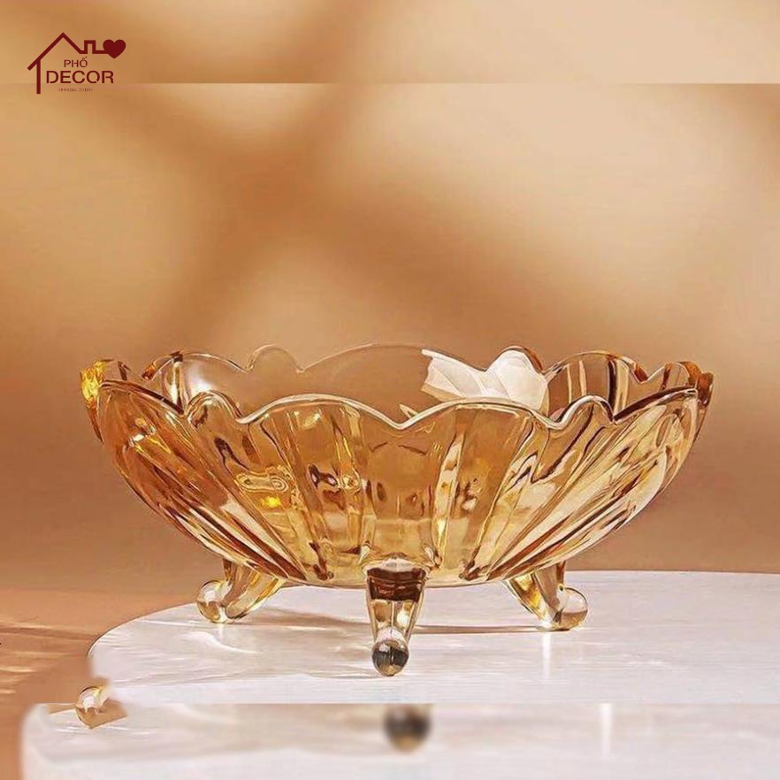 Khay Thủy Tinh Đựng Trái Cây Phố Decor - Bánh Kẹo Cao Cấp 3 Chân Màu Hổ Phách, Sang Trọng Và Tinh Tế