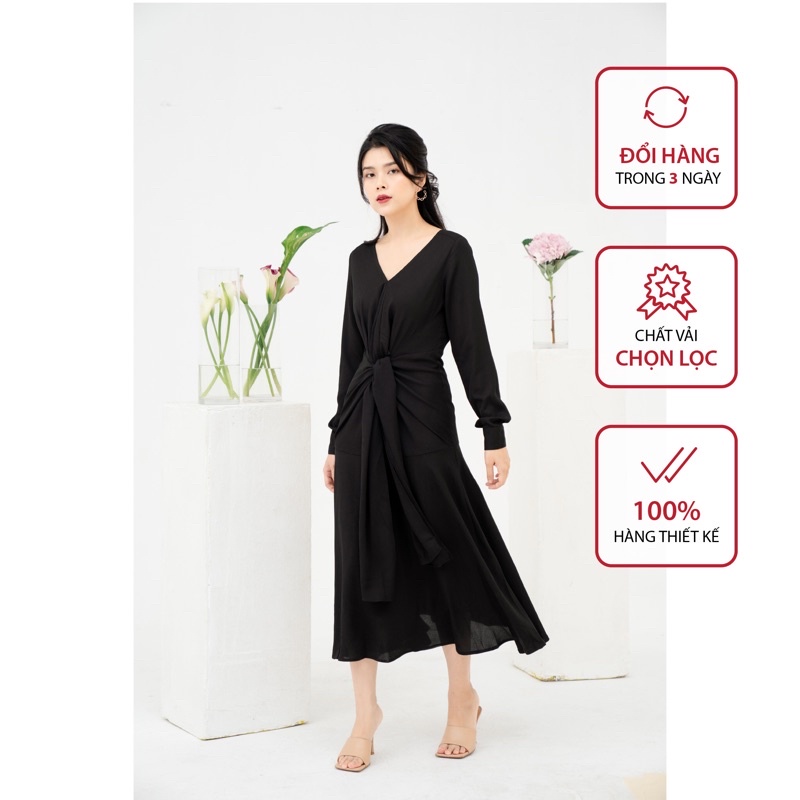 HACUC - Đầm nữ dài tay cổ V dáng dài tiểu thư