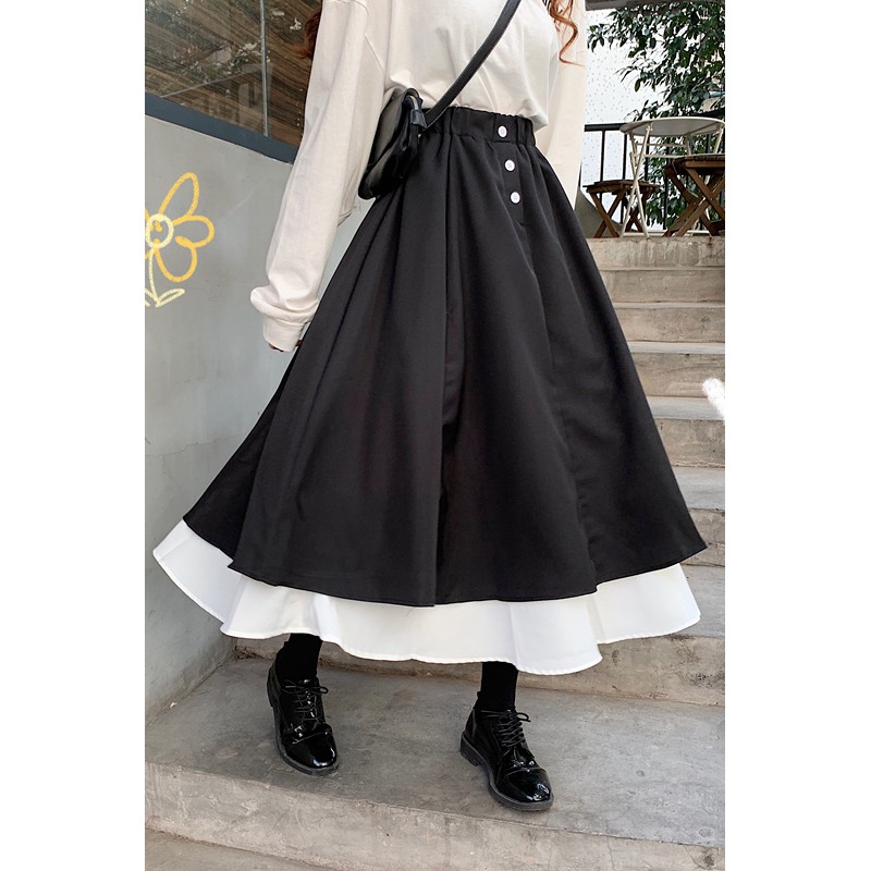 CHÂN VÁY DÀI kiểu dáng ulzzang phối 2 màu đen trắng phong cách Hàn Quốc xinh xắn CV011 | BigBuy360 - bigbuy360.vn