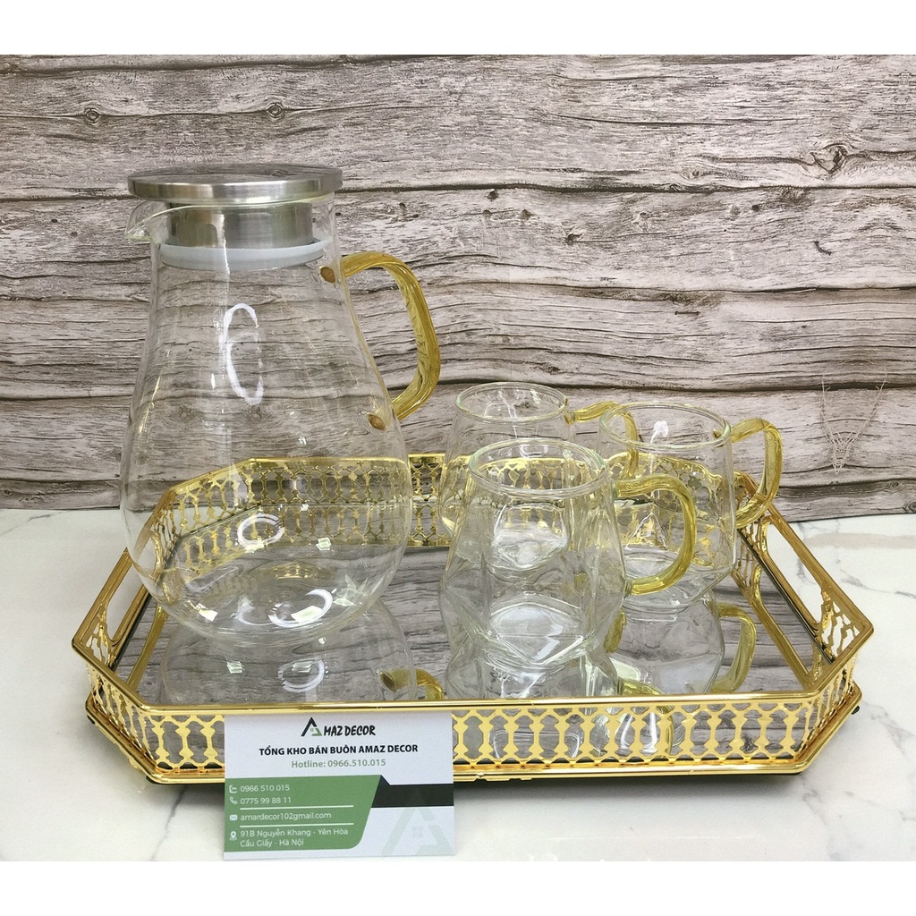Bộ bình 6 cốc thủy tinh pha trà deox chịu nhiệt cao trong suốt bầu khía quai vàng kiểu dáng sang trọng cao cấp