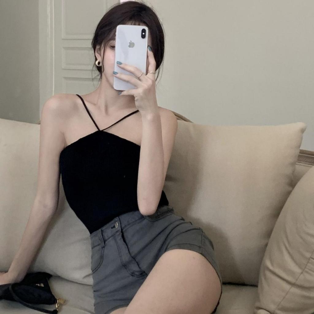 Áo Yếm Hai Dây Dáng Croptop Chất Thun Dày Dặn Co Giãn Ko Lộ Ngực Freesize 53kg quay đầu
