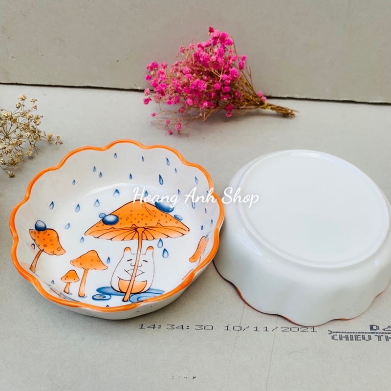 Set 2 Tô Sứ Đường Kính 16cm Cao 5cm Cách Điệu Họa Tiết Nấm Dễ Thương Có Vân Ngoài - Đồ Sứ Decor Xinh Xắn