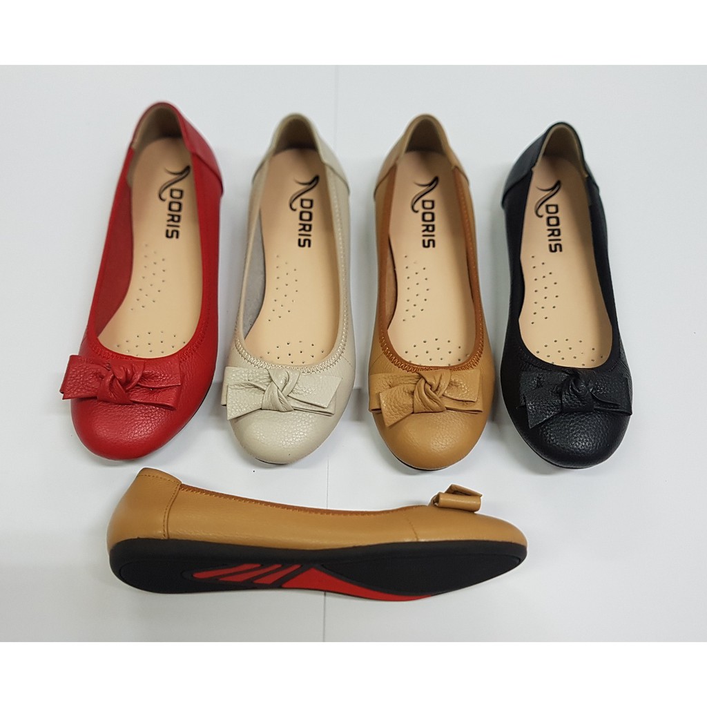 Giày búp bê đế bệt ❤️FREESHIP❤️ da thật mũi tròn gắn nơ vuông màu đen thời trang DORIS DR004. | BigBuy360 - bigbuy360.vn