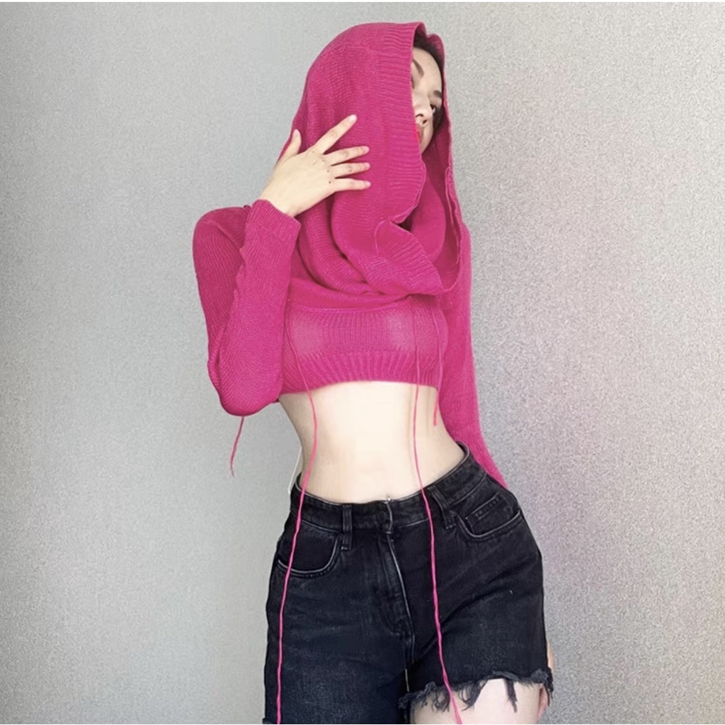 Áo len croptop tay dài mũ trùm đầu cá tính thời thượng Sylcue
