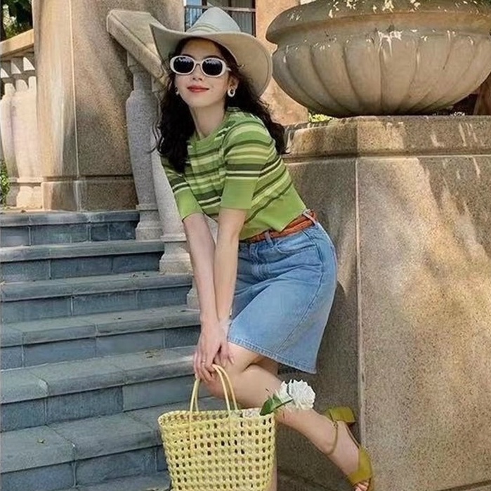 Áo Dệt Kim Nữ Kẻ Ngang Tay Ngắn Cố Tròn Vải Mềm Mại Ailee