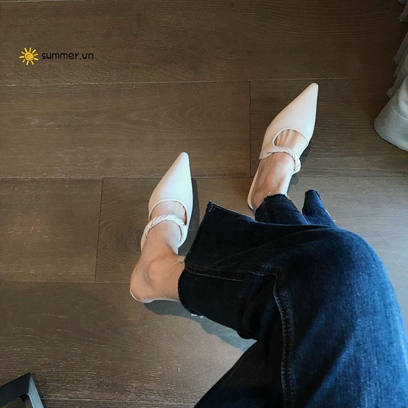 Boccalook Dép Mũi Nhọn Gót Thấp Mềm Mại Thiết Kế Xoắn Nhẹ Nhàng Thời Trang Hàn Quốc @ -