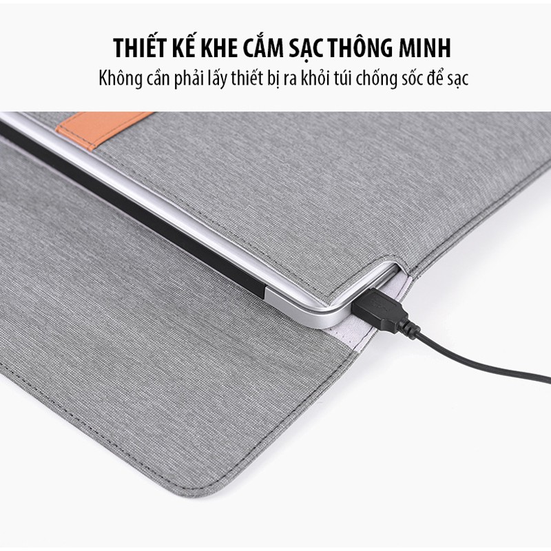 Túi chống sốc Laptop, Macbook Canvasartisan viền da kèm khe cắm bút và khe sạc cao cấp