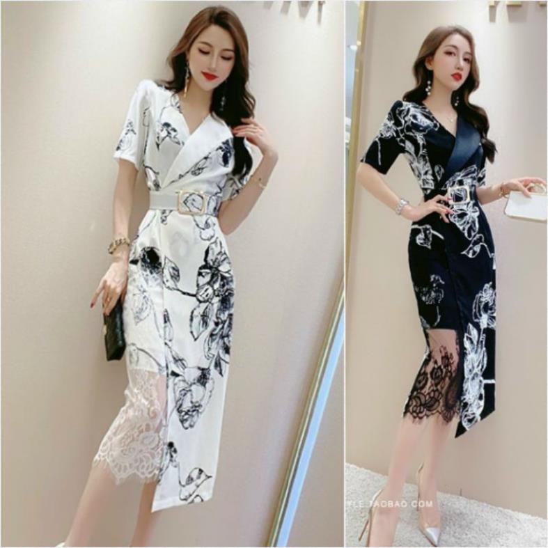 Hàng nhập - Đầm vest ôm phối chân ren sang trọng, váy lụa body công sở in hoa lá