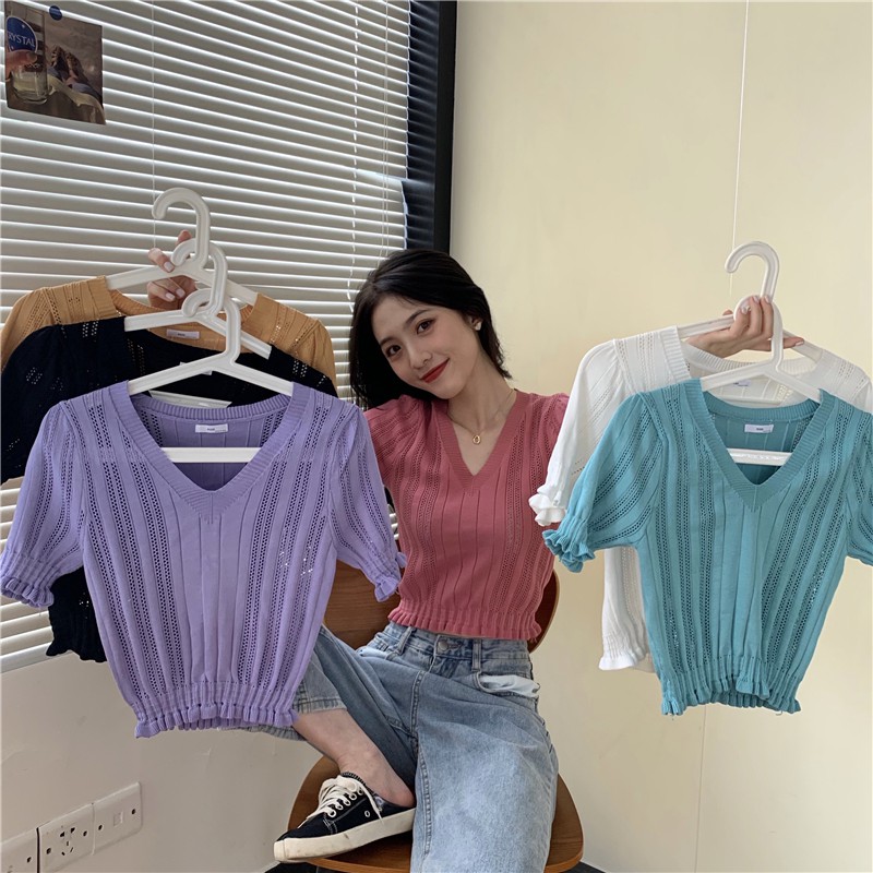 AimeiBeauty Cutout V-neck short-sleeved knitted slim croptop T-shirt | BigBuy360 - bigbuy360.vn