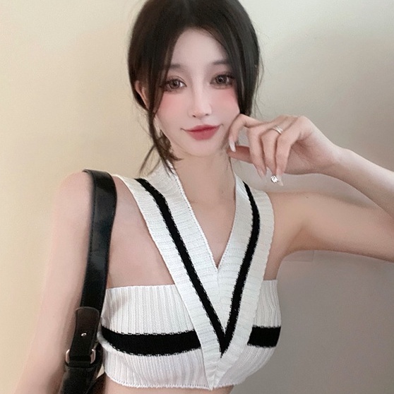 Áo Hai Dây Dệt Kim Họa Tiết Kẻ Sọc Thời Trang