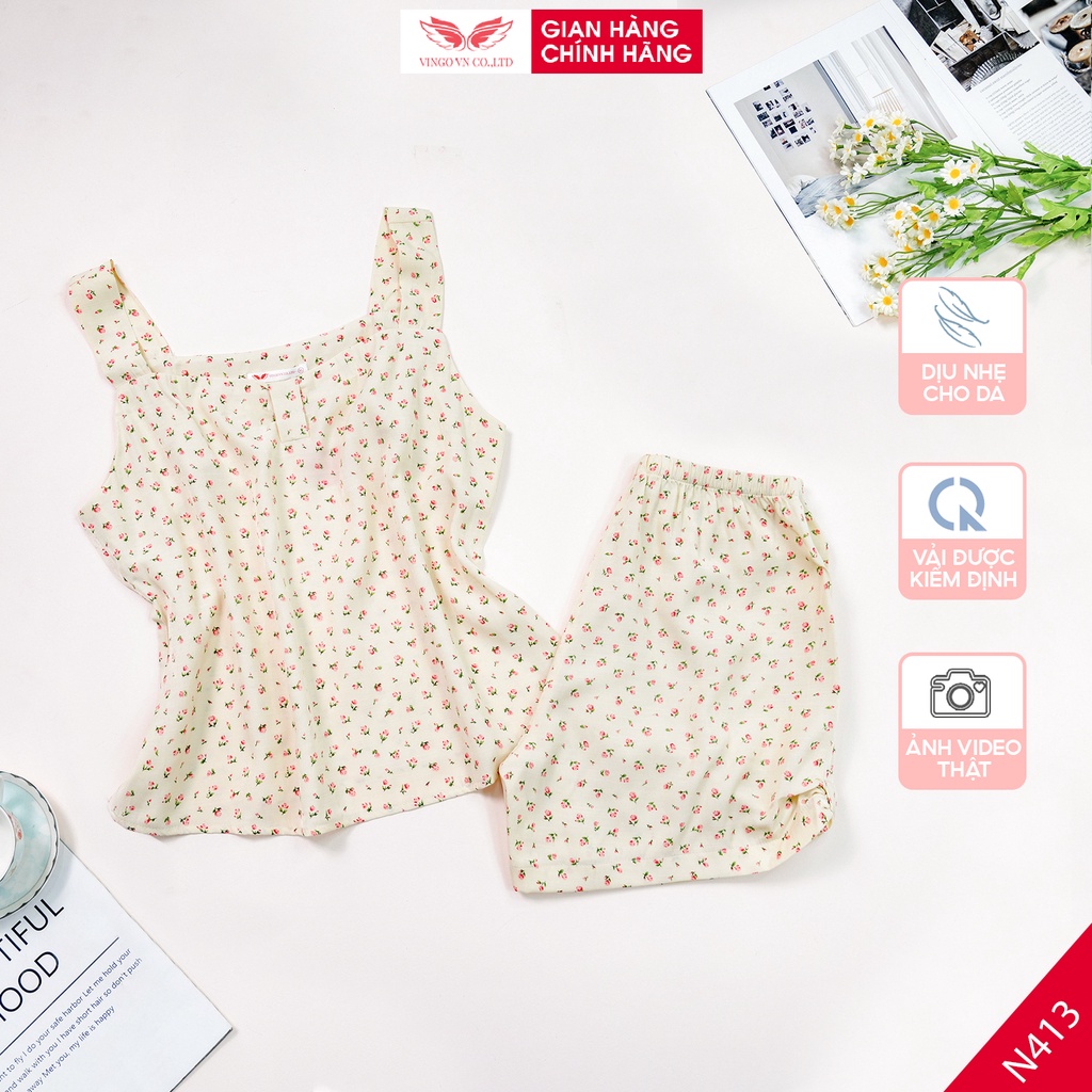 Bộ đồ ngủ nữ 2 dây pijama mặc nhà mùa Hè VINGO áo hai dây bản to quần đùi chất tơ đũi mát màu be hoa nhí N413 VNGO