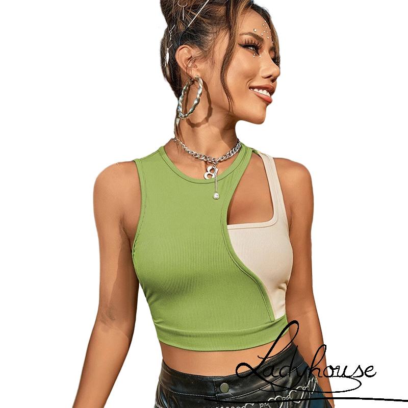 Áo Croptop Sát Nách Cổ Tròn Màu Tương Phản Thời Trang Cho Nữ