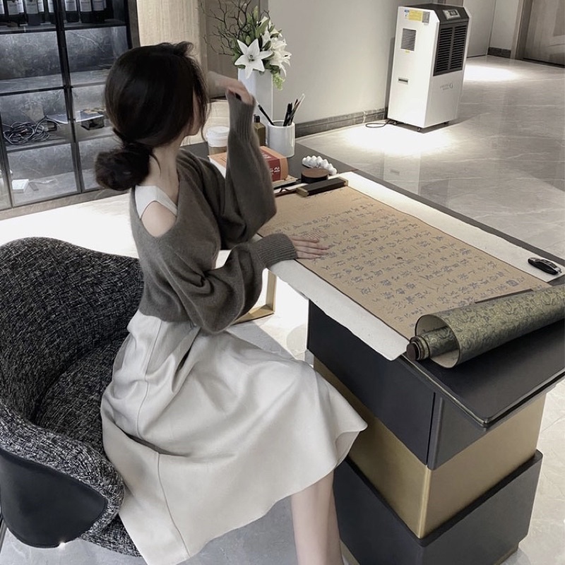 SET ÁO LEN CÁNH DƠI TRỄ VAI CROPTOP MIX VÁY DÀI PHONG CÁCH TIỂU THƯ HÀN QUỐC ULZZANG