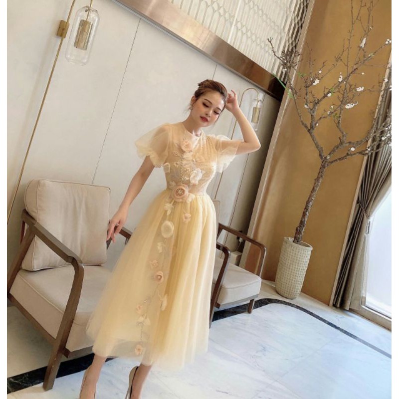 Đầm xòe tay phồng đính hoa