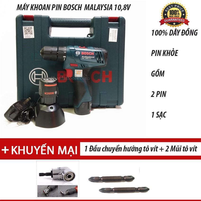 Máy khoan pin Bosch 10.8V Made in Malaysia tặng 1 đầu chuyển hướng và 2 mũi tô vít