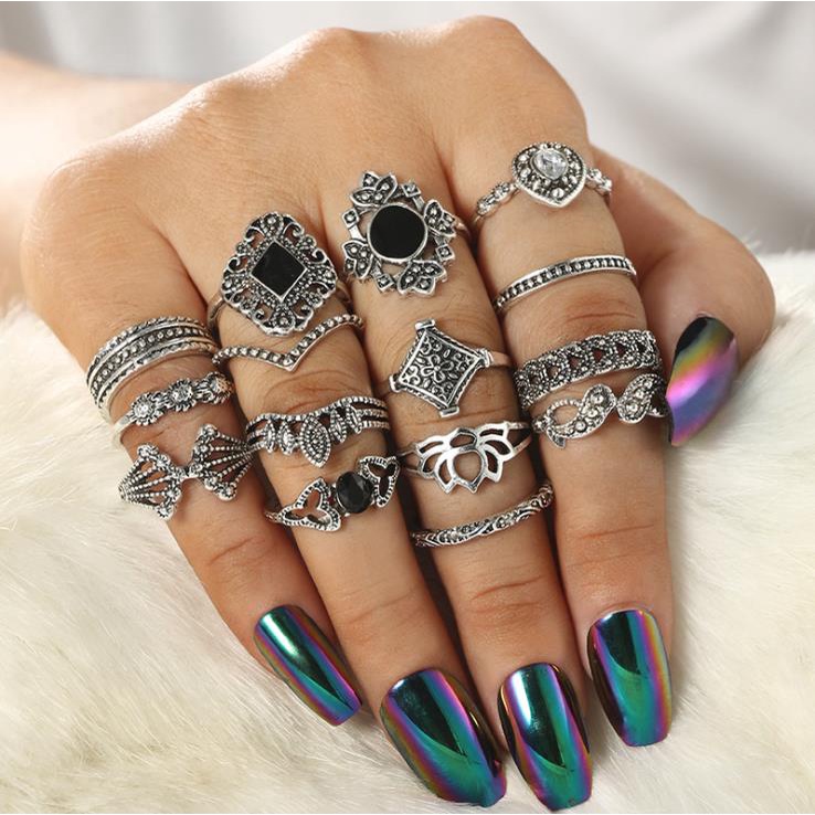 Set 15 nhẫn bạc nhiều kiểu dáng đính đá pha lê phong cách bohemian dành cho nữ