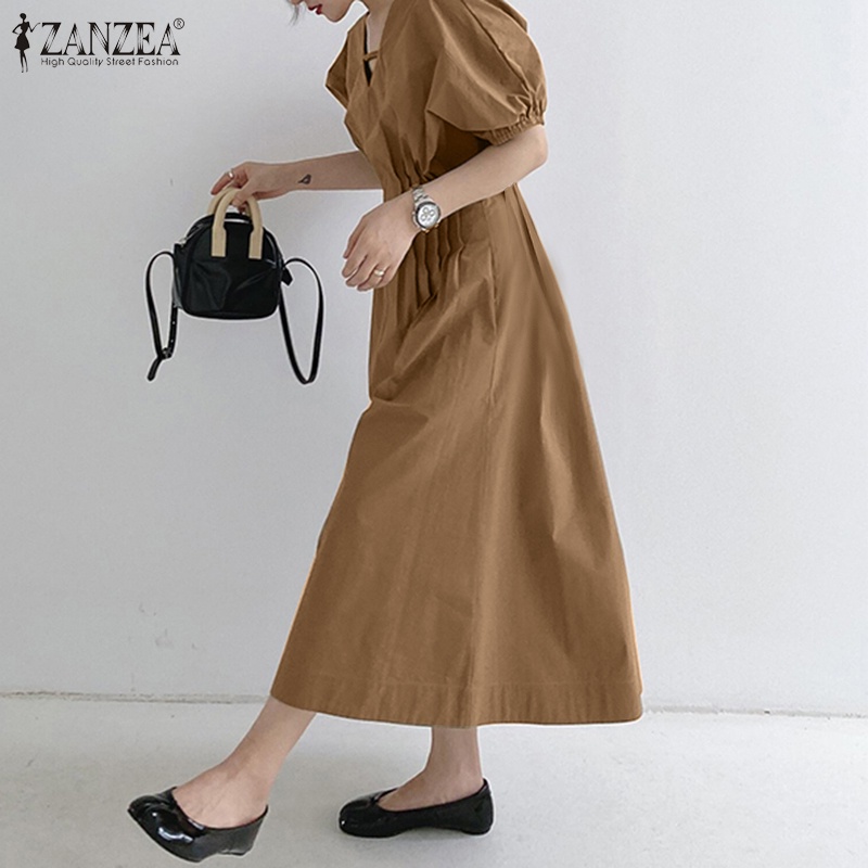 Đầm Zanzea dài tay cổ V tay ngắn phồng xếp ly thời trang cho nữ