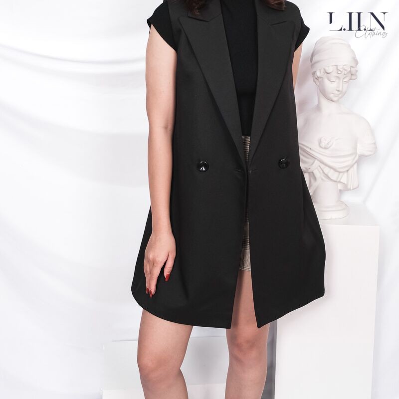 Áo vest gile nữ Linbi đủ size, dáng dài màu đen cổ Vest, phong cách Hàn Quốc Liin clothing V5200