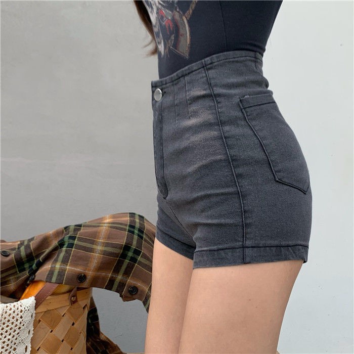 Quần Đùi denim Mỏng Dáng Chữ a Lưng Cao Co Giãn Phong Cách Retro Mẫu Mới Thời Trang Cho Nữ