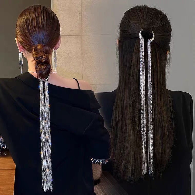 Băng Đô Cài Tóc Đuôi Ngựa Phối Tua Rua Phong Cách Thời Trang Pháp Sang Trọng