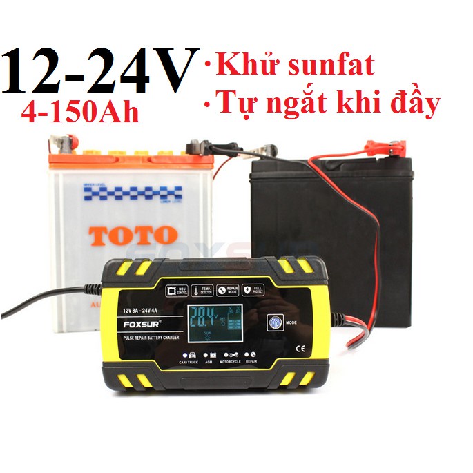 Sạc bình acquy xe máy ô tô tự ngắt thông minh -Máy sạc bình ắc quy 12v 150ah Foxsur có khử sunfat