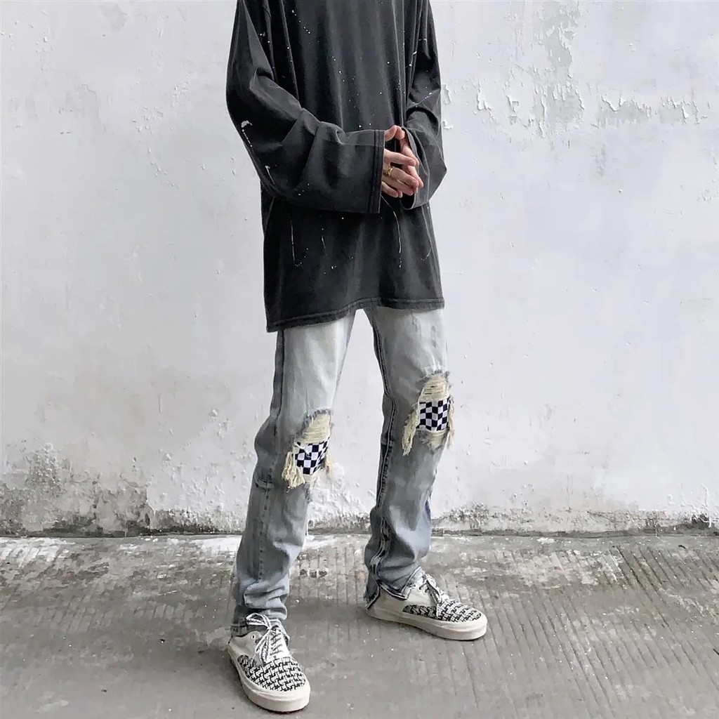 [Sẵn size XL] Quần Jean rách gối họa tiết caro zip ống quần | BigBuy360 - bigbuy360.vn