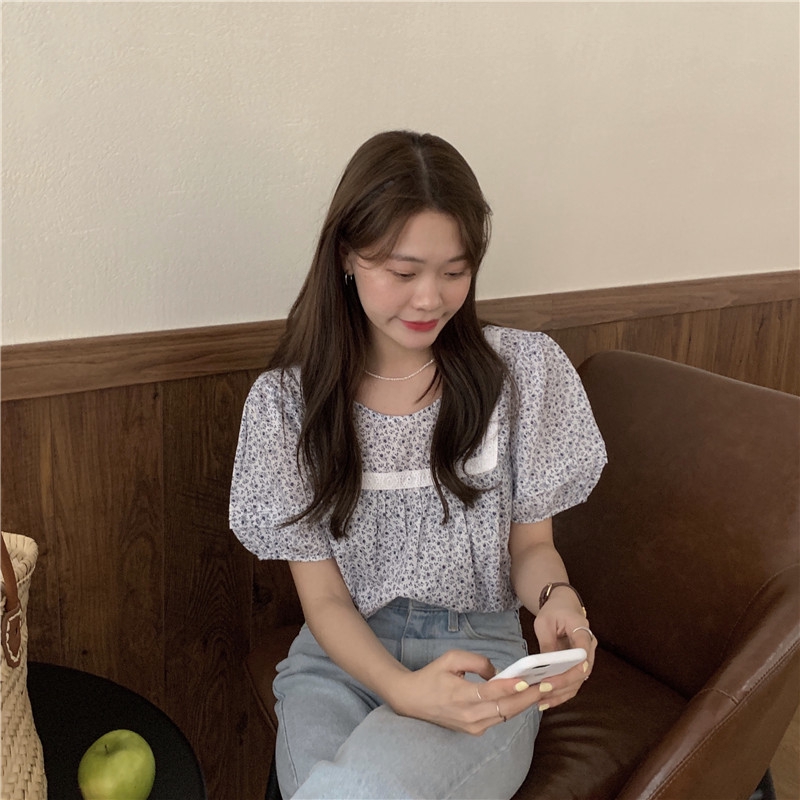 Áo Kiểu Cổ Tròn Tay Phồng In Hoa Dễ Thương 35527