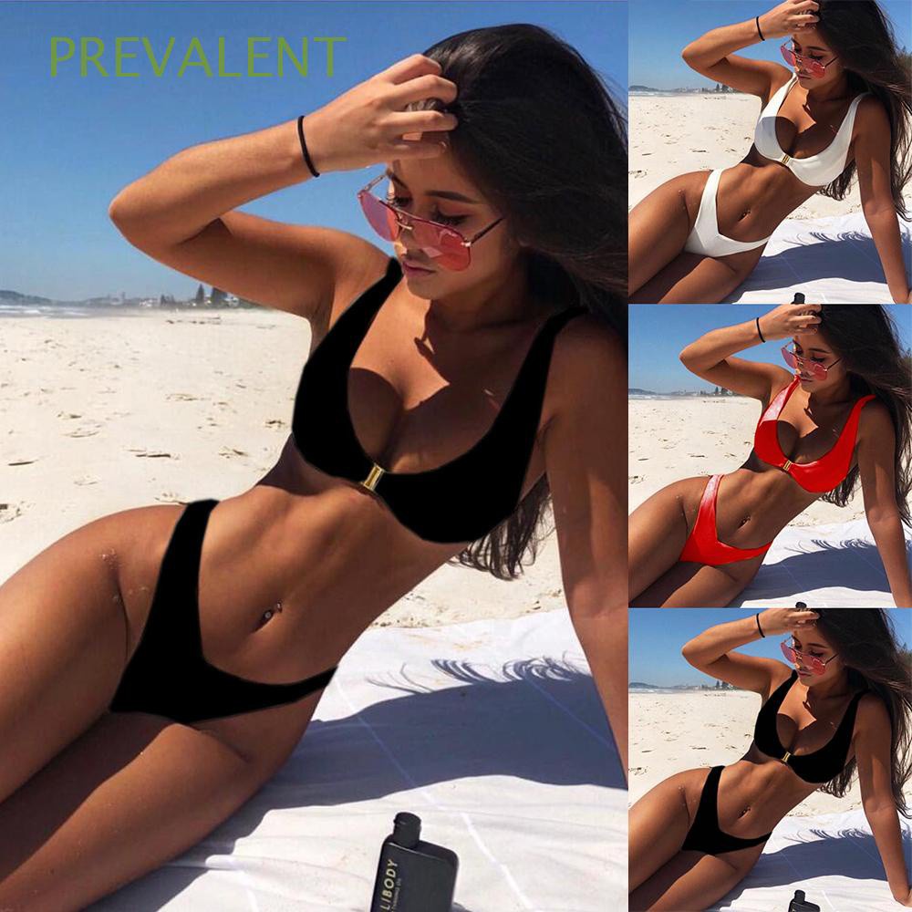 PREVALENT Summer Women Bikini Set Brazilian Swimsuit Set Bathing Suit Beach Wear Solid Color V Thong Push Up Low Waist Swimwear/Multicolor