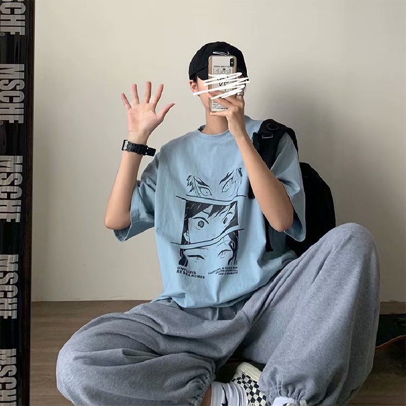 Áo thun tay ngắn dáng rộng in họa tiết hoạt hình phong cách Nhật Bản thời trang cho nam size M-5XL