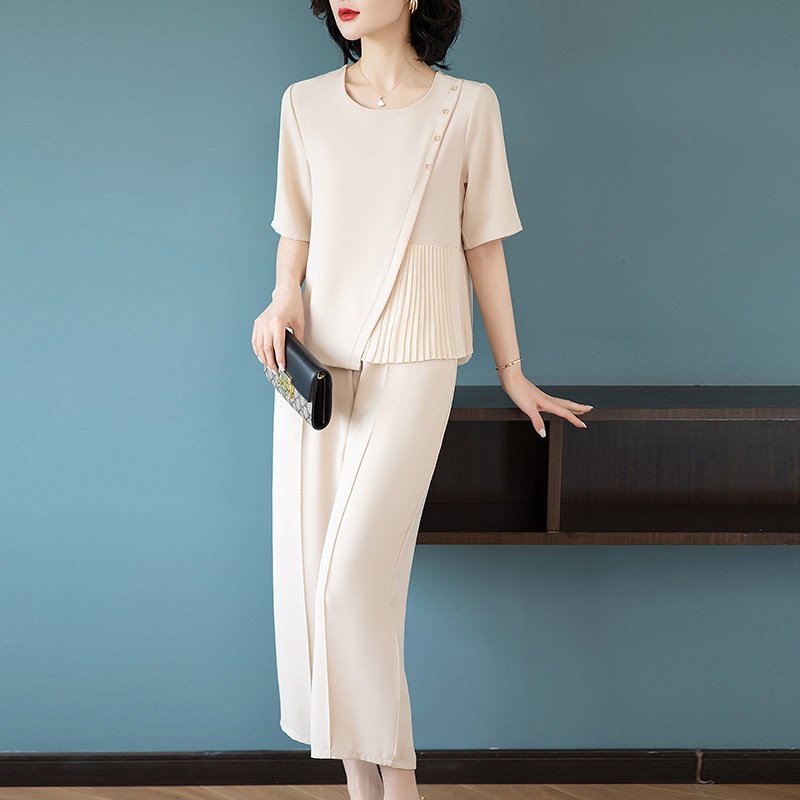 Bộ Quần Áo Vải Voan Ngắn Tay Thời Trang Phong Cách Phương Tây Cho Phụ Nữ Trung Niên 40 Tuổi