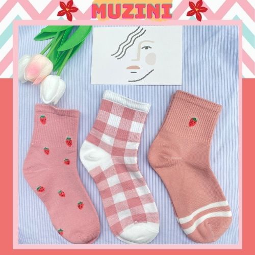 Tất nữ tone hồng Muzini tất cổ cao in hình họa tiết dâu hồng dễ thương TN209