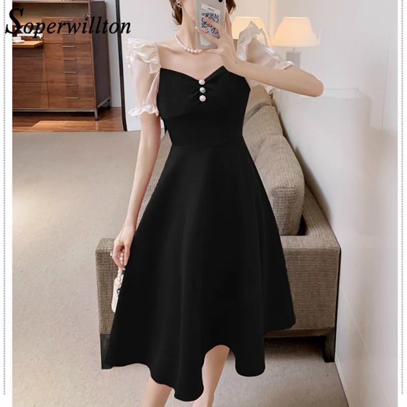 Đầm váy nữ xòe tay nhún bèo phối voan kiếng 3 màu y hình thời trang duyên dáng dịu dàng