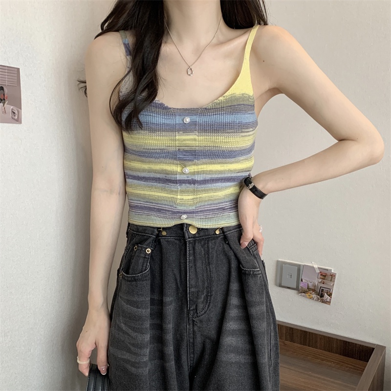 【HangFei】Áo Dệt Kim Sát Nách Kẻ Sọc Cầu Vồng Lưng Cao Quyến Rũ Cho Nữ