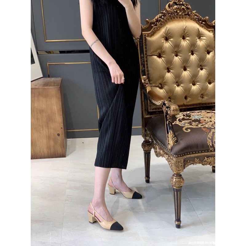 Giày cao gót nữ đế vuông vá mũi hở eo gót dáng slingback khuyết eo thời trang tinh tế thanh lịch
