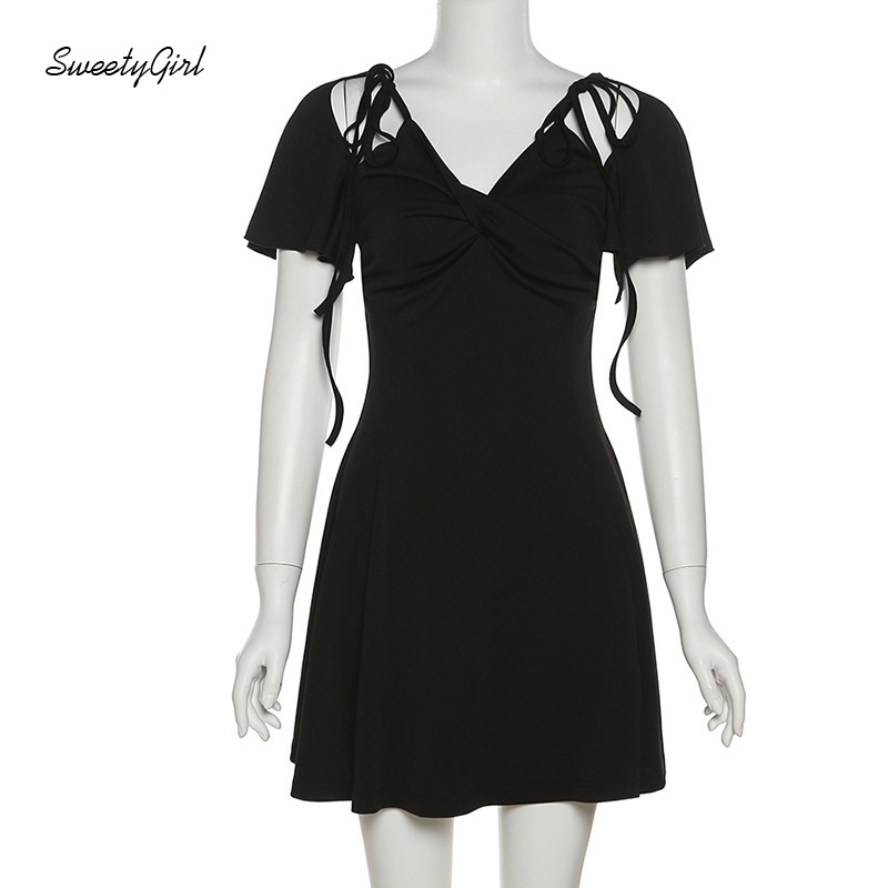 Đầm Mini Tay Ngắn Cổ Chữ V Màu Đen Trơn Thời Trang 2022 Quyến Rũ Cho Nữ