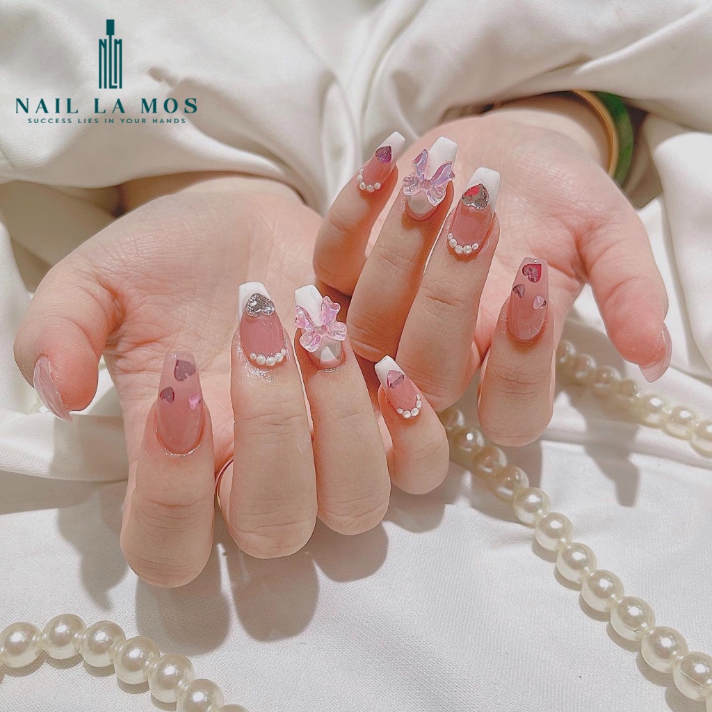 Khay ngọc trai nhân tạo mix size đính móng - Ngọc trai nhựa loại tròn, nửa viên hai màu trắng ngà đính nail sang chảnh