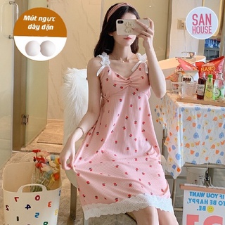 Đầm ngủ có mút ngực phối ren 2 dây quyến rũ, đồ mặc nhà tiểu thư, váy ngủ ren sexy có đệm ngực
