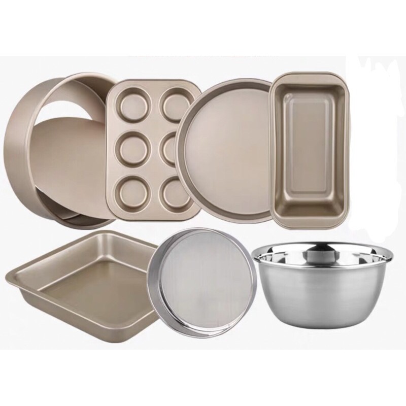 Bộ 7 Khuôn/Âu Trộn/Khay Pizza/Rây Bột/Cupcake Chống Dính