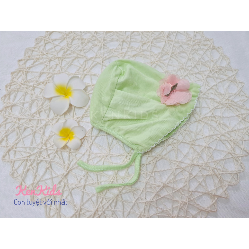 SET 3 Nón mũ bèo sơ sinh đính hoa 100% cotton mềm có dây buộc cho bé gái
