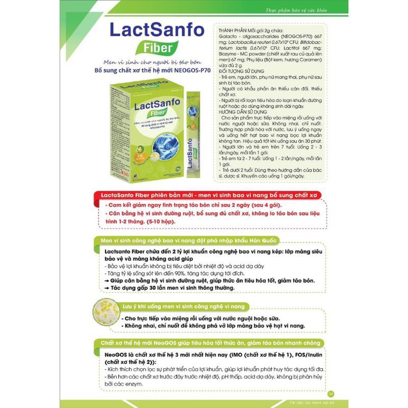Lactsanfo Fiber men vi sinh dành cho người bị táo bón, biếng ăn Hộp 20 gói