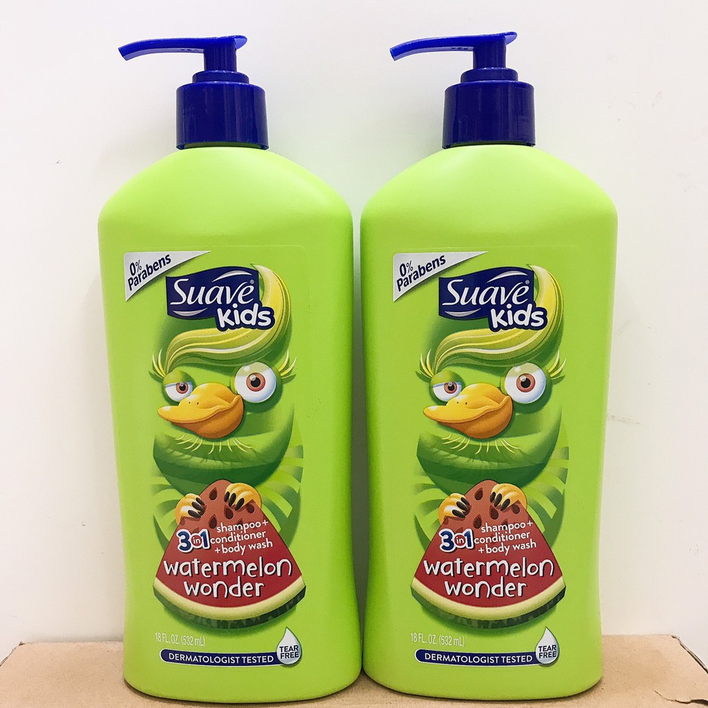 [USA] Sữa tắm, gội &amp; Xả 3in1 cho Bé Suave Kids Watermelon Wonder (Dưa hấu) chai vòi 532ml không cay mắt - Mỹ