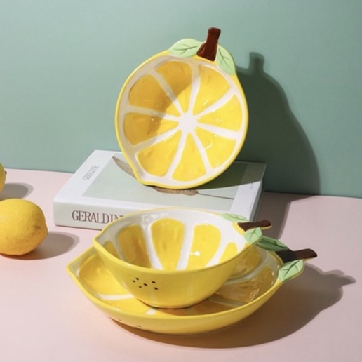 Set bộ bát đĩa sứ tông màu vàng nhiều món xinh xắn, bộ đồ ăn phong cách Bắc Âu, tô cách điệu, chén dĩa sứ ngộ nghĩnh