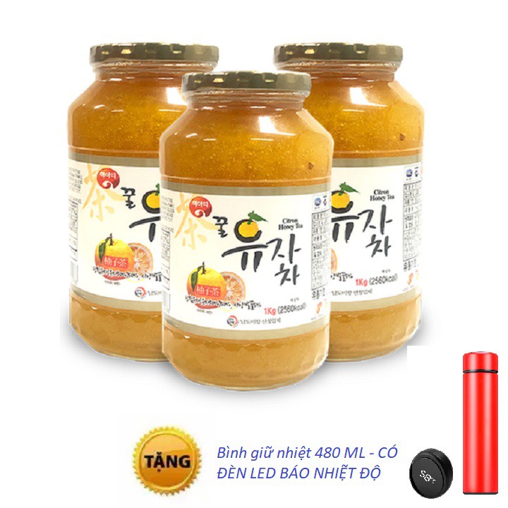 Combo 3 hũ trà chanh mật ong CITRON HONEY TEA Hàn Quốc (1 Kg/ hũ) tặng 1 bình giữ nhiệt 480ml - có đèn LED báo nhiệt độ