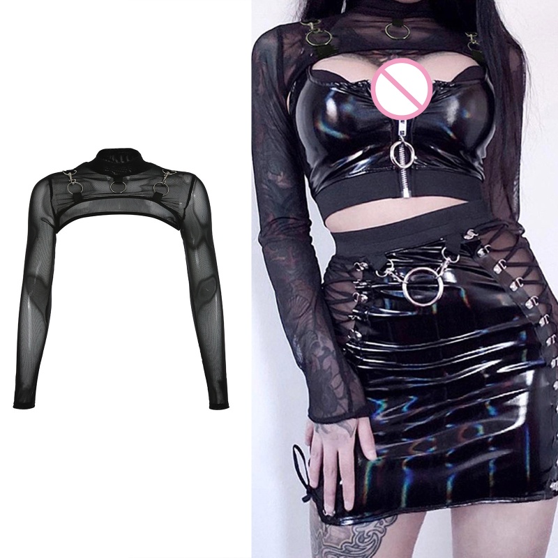 Áo Croptop Tay Dài Phối Lưới Và Vòng Kim Loại Thời Trang Harajuku Cho Nữ