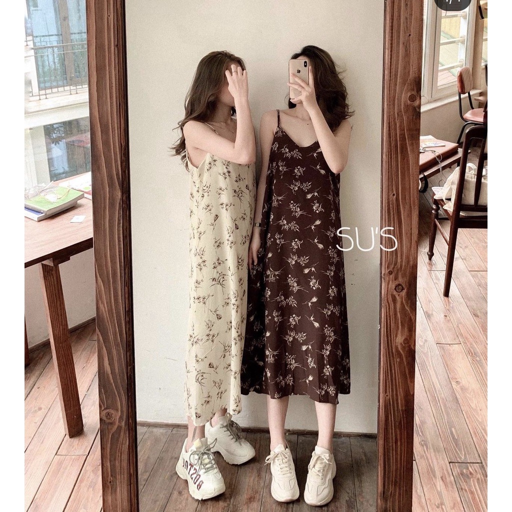 Đầm Nữ Hoa Nhí 2 Dây Nâu Be dáng suông 🦋 Váy Hoa Midi 2s cổ chữ V mặc đi biển kiểu dáng dài basic 🦋