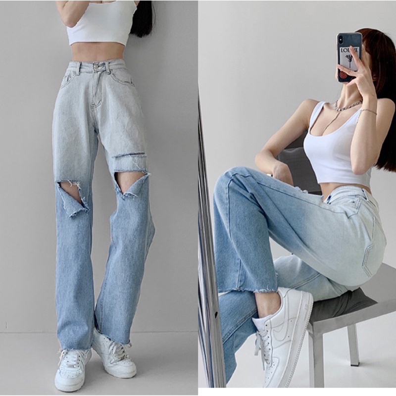Quần Jean Nữ Aiori Fashion Ống Rộng Lưng Cao Trơn Rách Gối Loang Màu Bò Suông Cạp Cao Thời Trang Hàn Quốc Ulzzang_3325