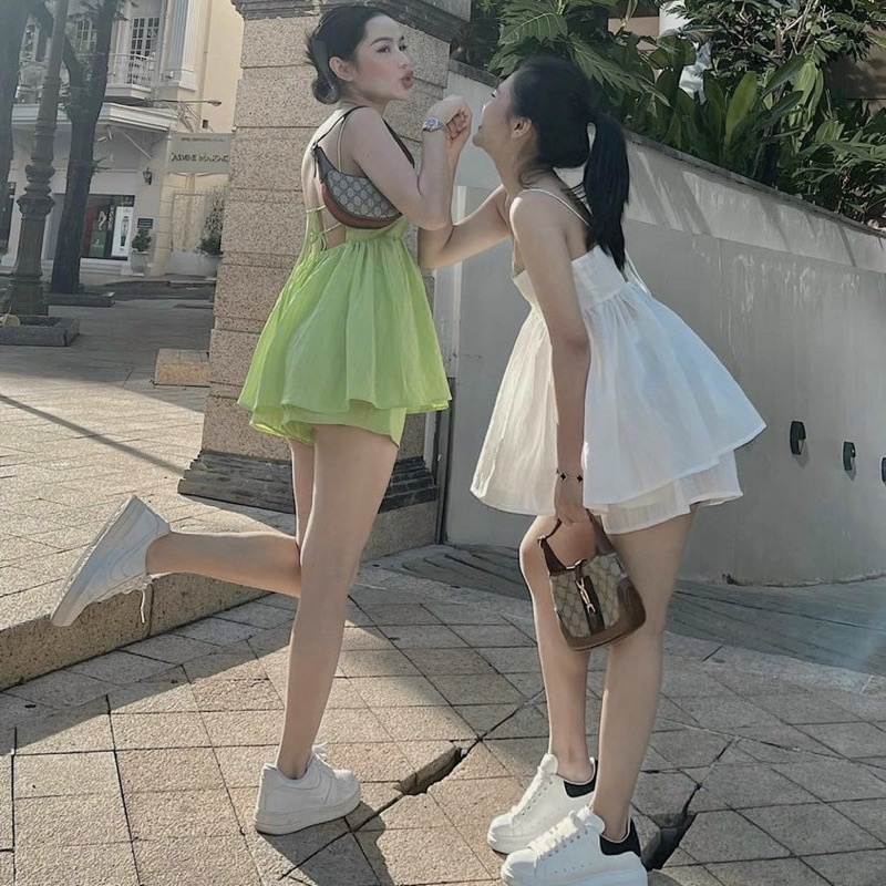 Set áo 2 dây hở lưng có đệm ngực lót mix quần sooc dáng váy babydoll quần đùi chất đũi tơ xước