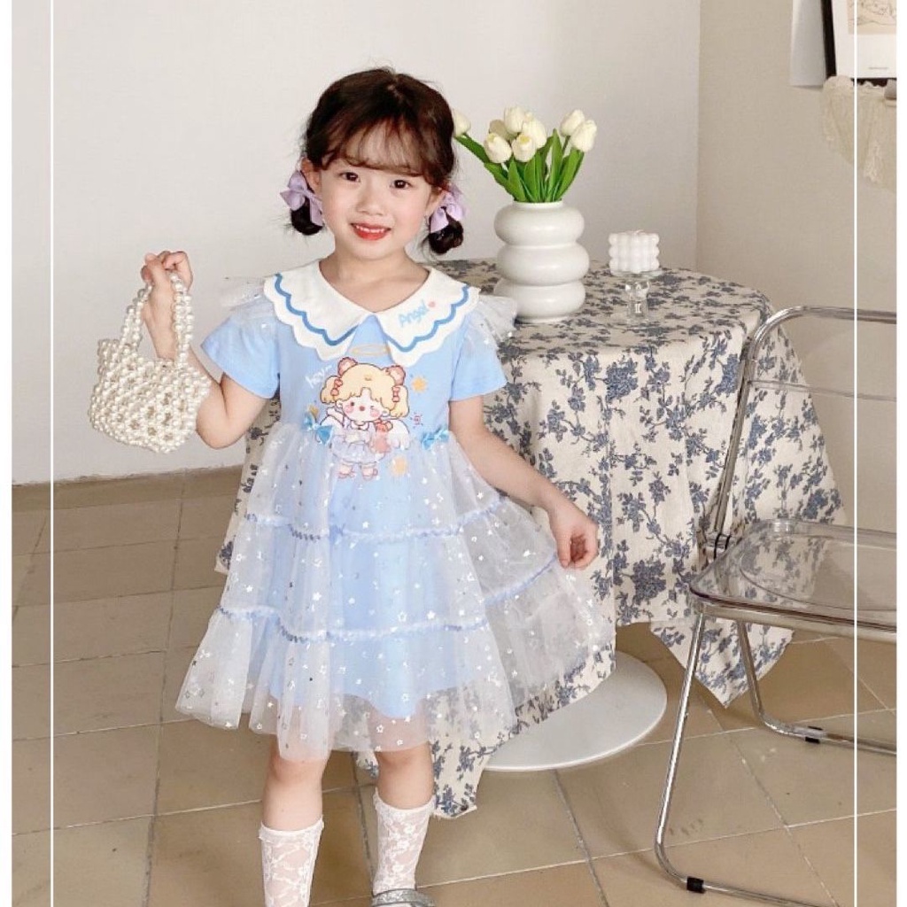 Đầm Công Chúa Tay Ngắn Phối Lưới In Hoạt Hình Kiểu Hàn Quốc Thời Trang Mùa Hè Cho Bé Gái