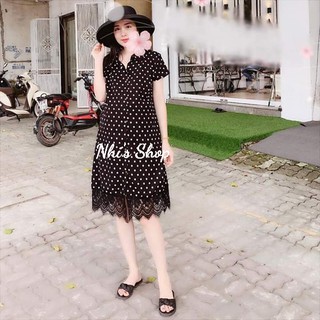 Đầm Dáng Suông Chấm Bi Phối Chân Ren Tiểu Thư